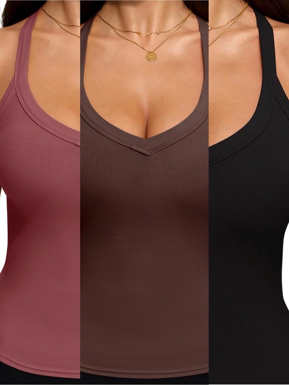 BUNDLE X3 ReoRia Ribbed V-Neck Tank Top in Rust, Brown & Black